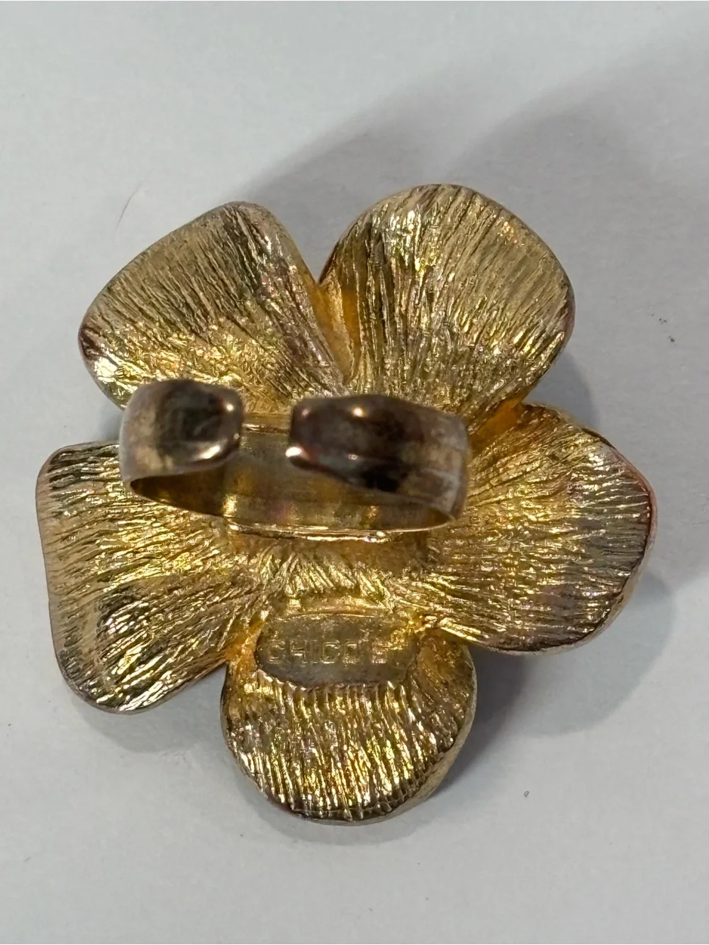 Chico’s Enamel Flower Ring Brown Leopard Print Orange Rhinestones Adjustable